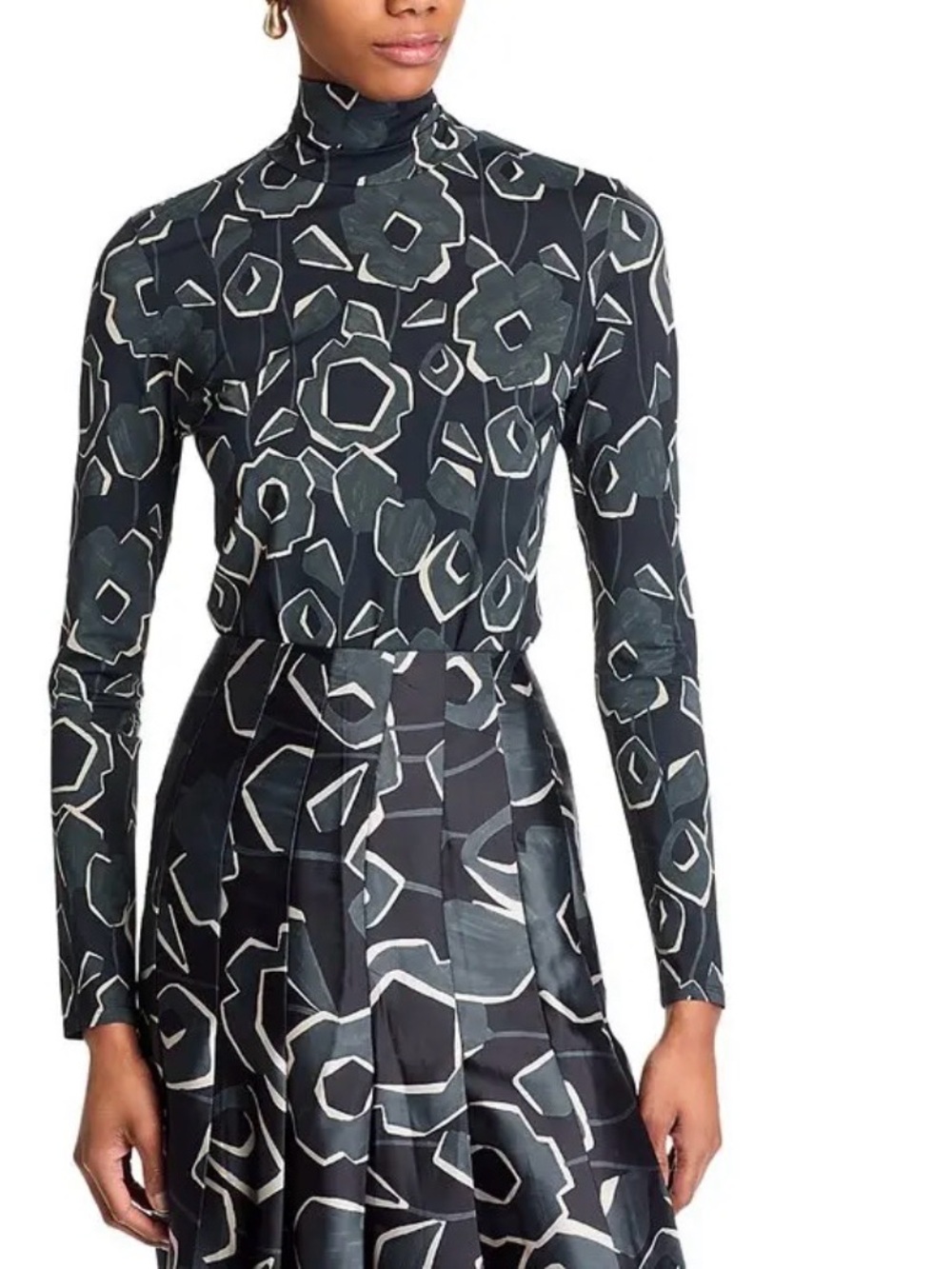 St John cubist Mock Neck Long-Sleeve Floral Print Dress - Black/Gray